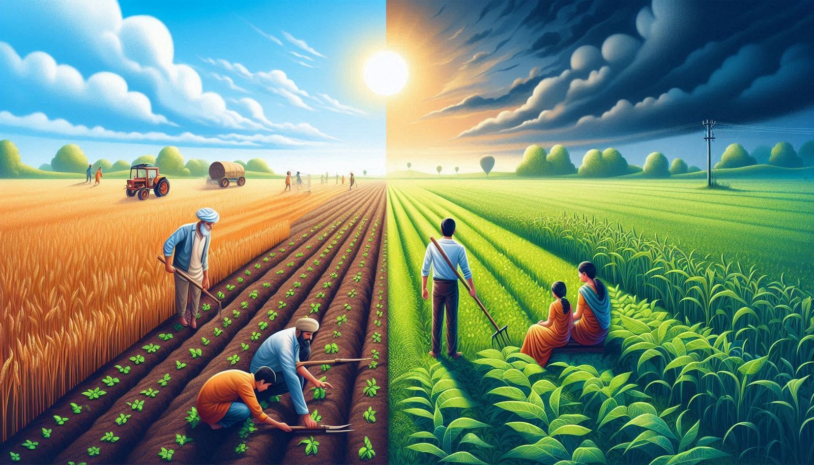 Conceptual illustration of a farmer sowing golden coins in a field during a dull market (accumulation phase) and harvesting wealth during a bull market (wealth creation phase), symbolizing long-term mutual fund investing.