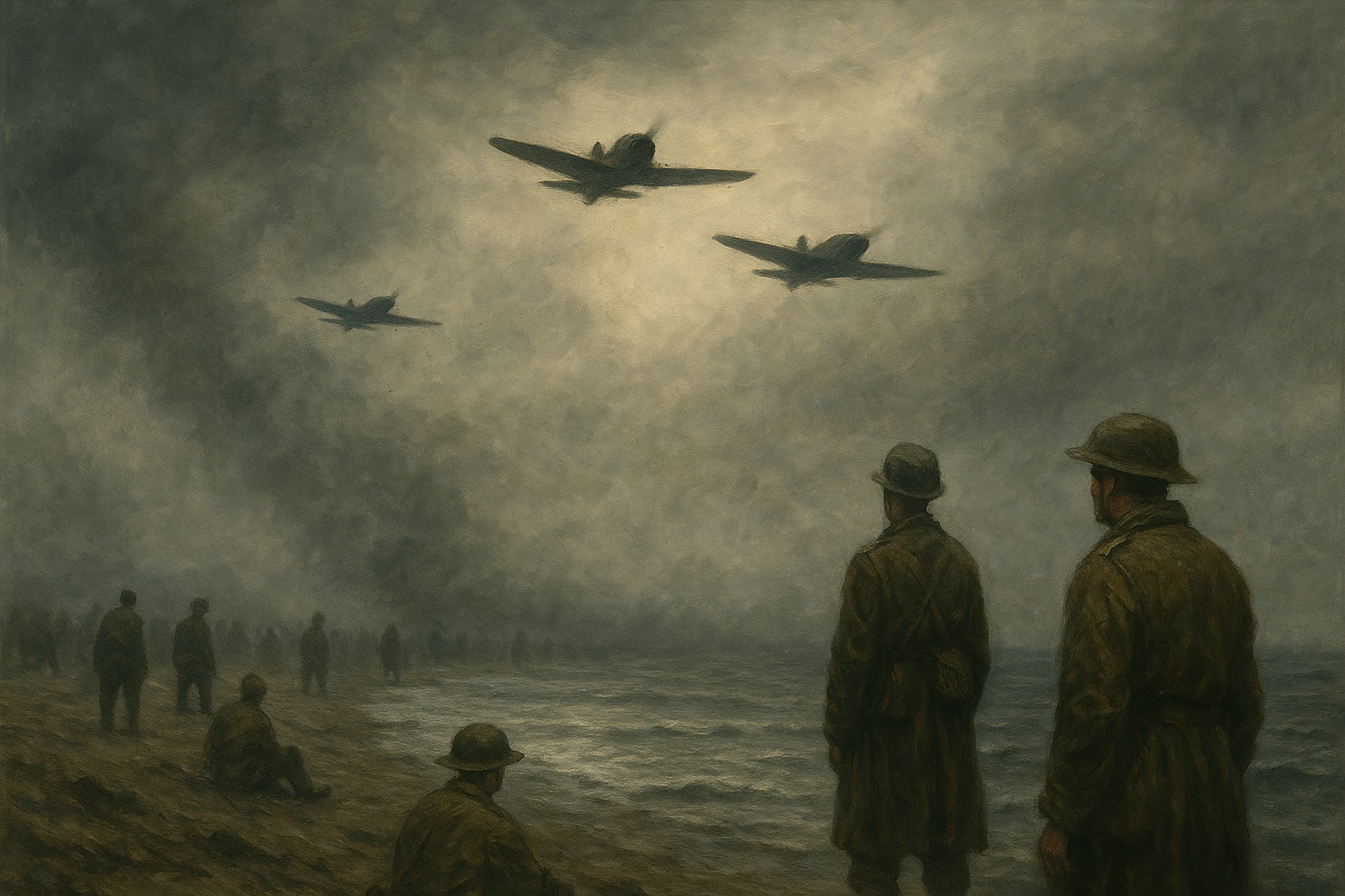 A group of World War II soldiers stranded on a foggy beach while enemy aircraft fly overhead. Symbolizes vulnerability, similar to being financially unprepared.