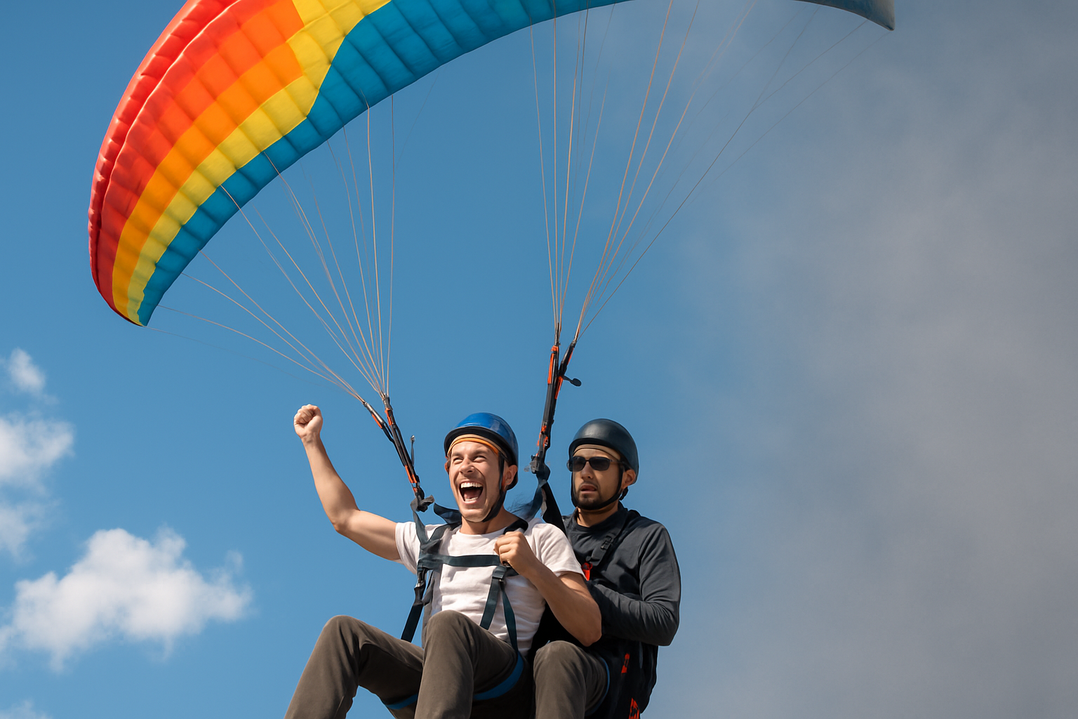 Two men paragliding together—one smiling excitedly as a first-time flyer, while the other, a calm instructor, steers with focus. Symbolizes how joyful experiences can feel routine when repeated as work.
