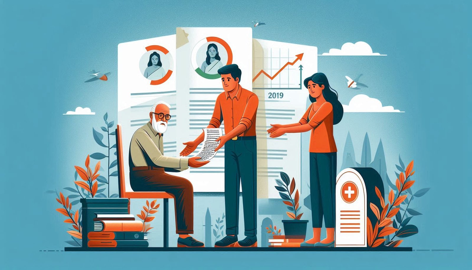 Illustration of an elderly Indian man handing over important documents to his adult daughter and son, representing inheritance and succession planning.
