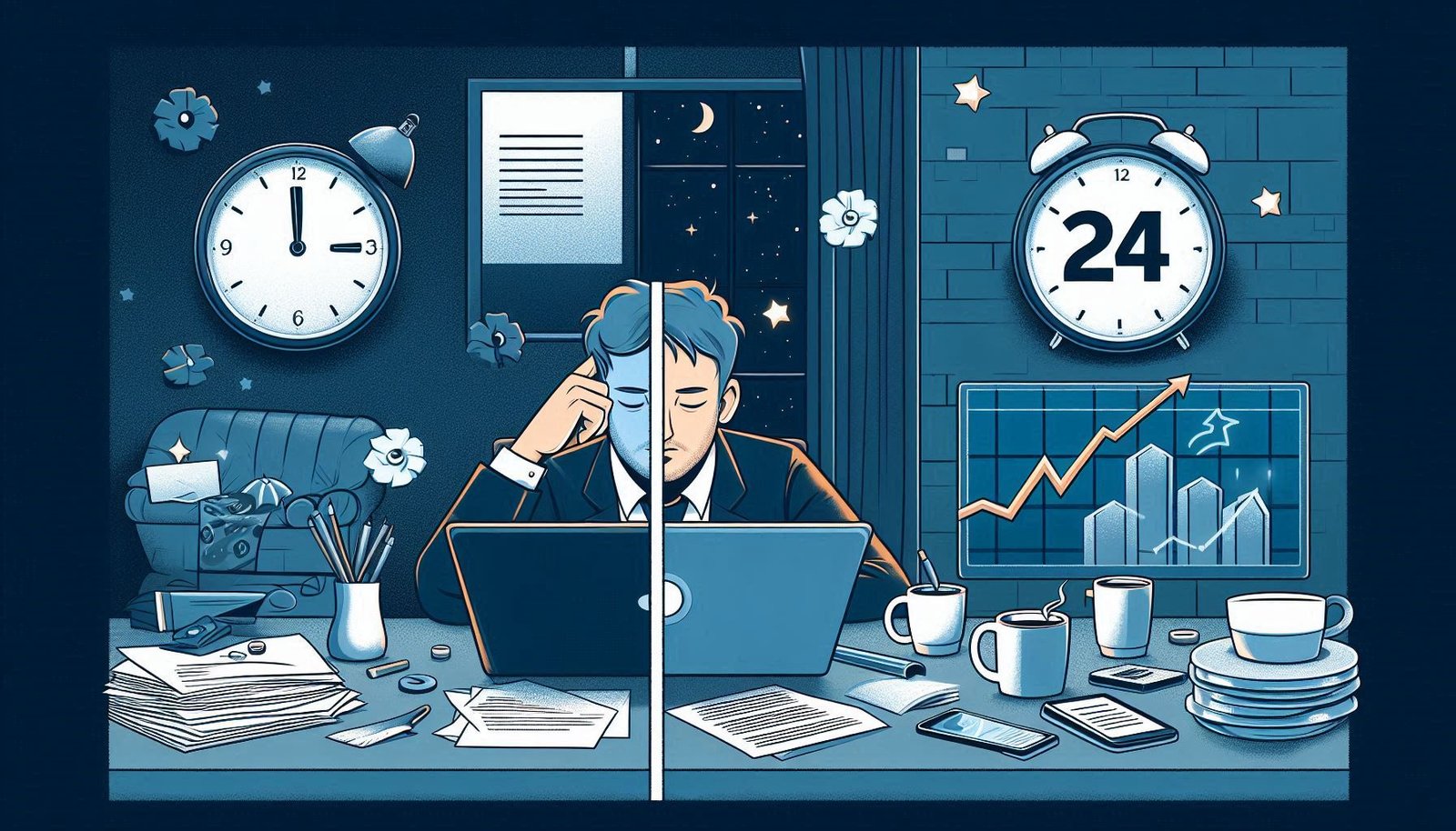 Illustration showing a tired man working late hours on one side, and another person using investments, automation, and tools to achieve 24x7 productivity on the other side.