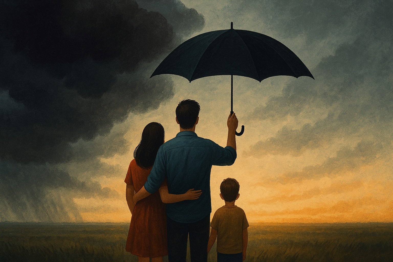 Family standing under umbrella as dark clouds loom, symbolizing financial protection against layoff risks and income uncertainty.