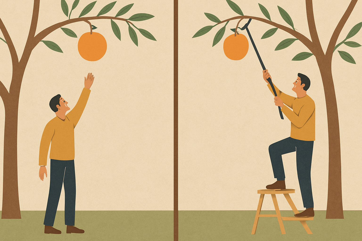 Man uses a hook and stool to reach high-hanging fruit on a tree, symbolizing smart strategies to meet financial goals