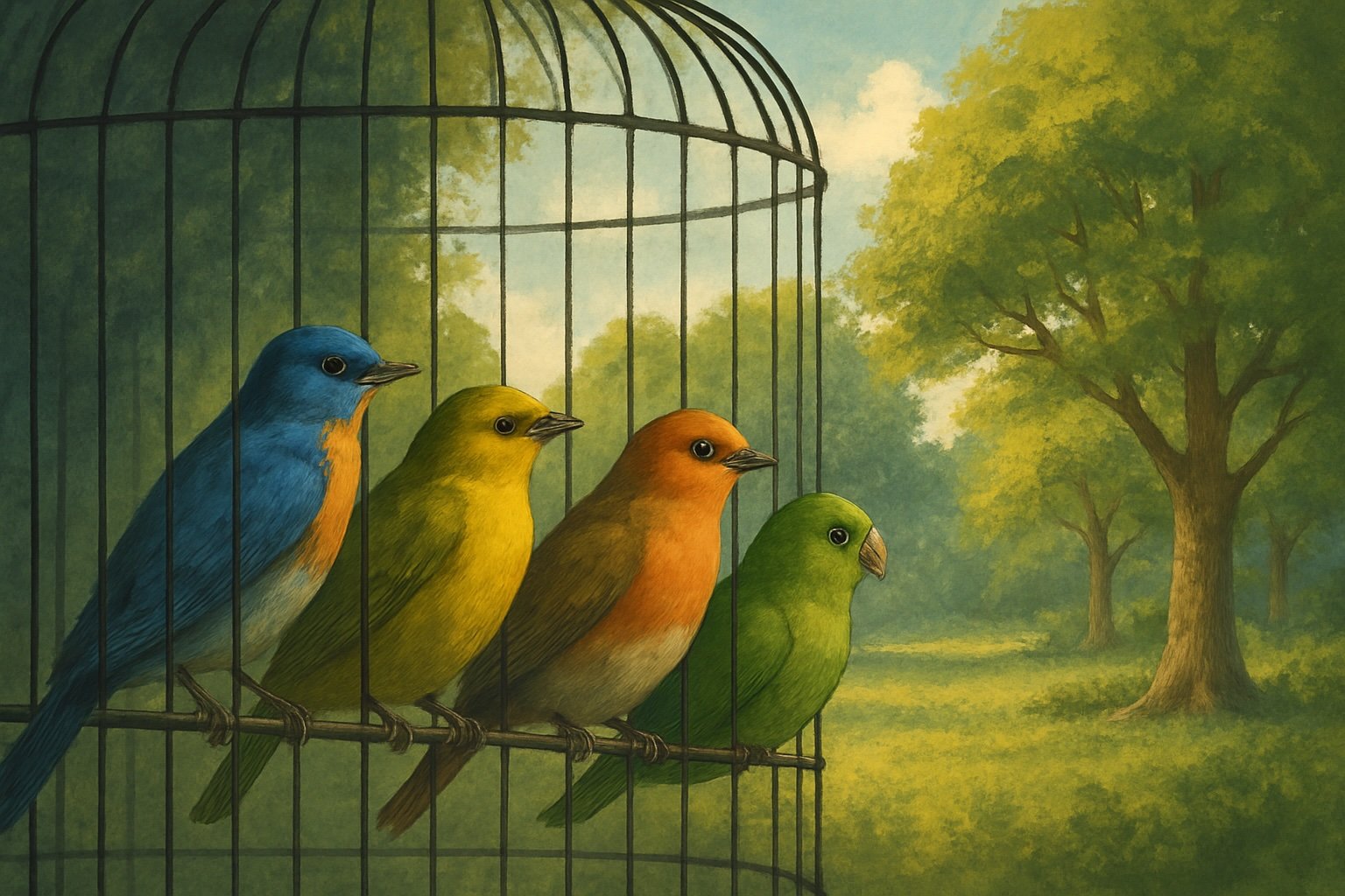 Four colorful birds inside a cage looking out at a lush green landscape, symbolizing the longing for financial freedom.