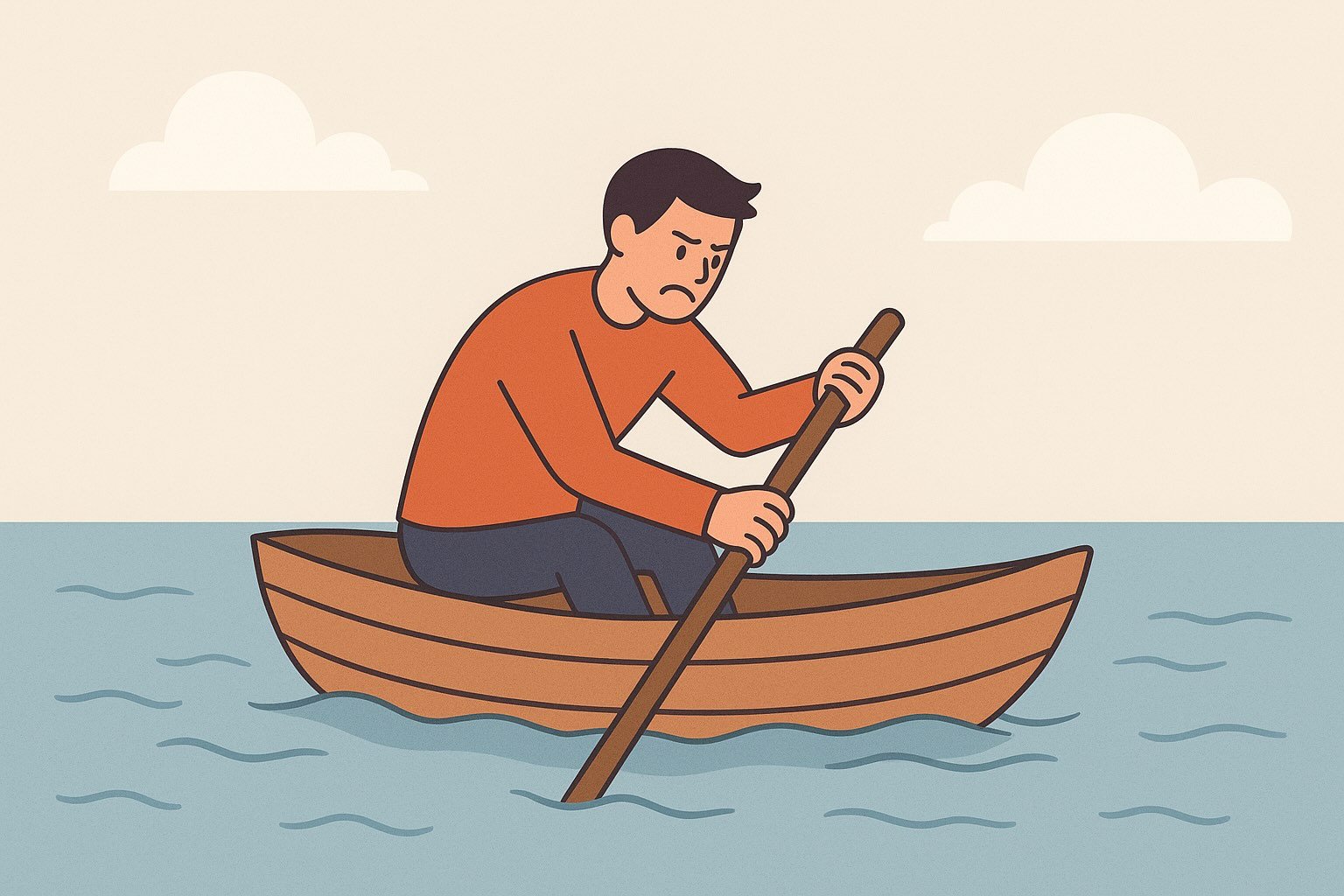 A man struggling to row a boat using a stick, symbolizing wasted effort due to the wrong tool, linked to retirement planning mistakes.