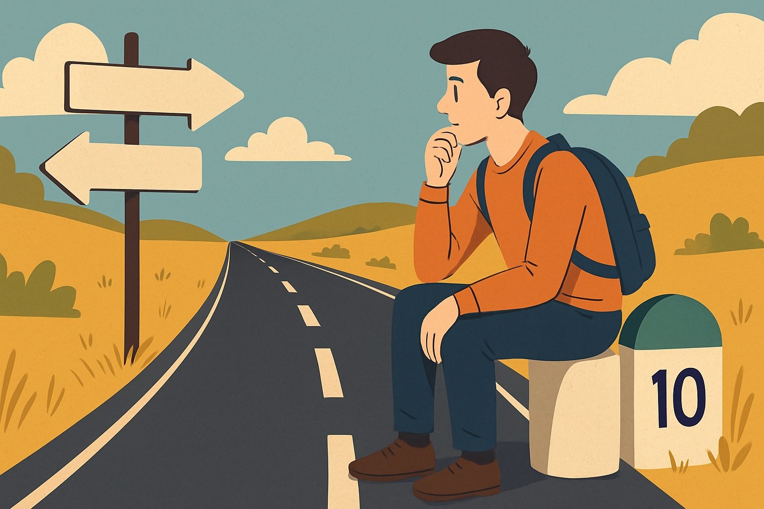 Young man sitting on a milestone, thinking, while a road stretches ahead—representing the gap between curiosity and action in financial decisions.