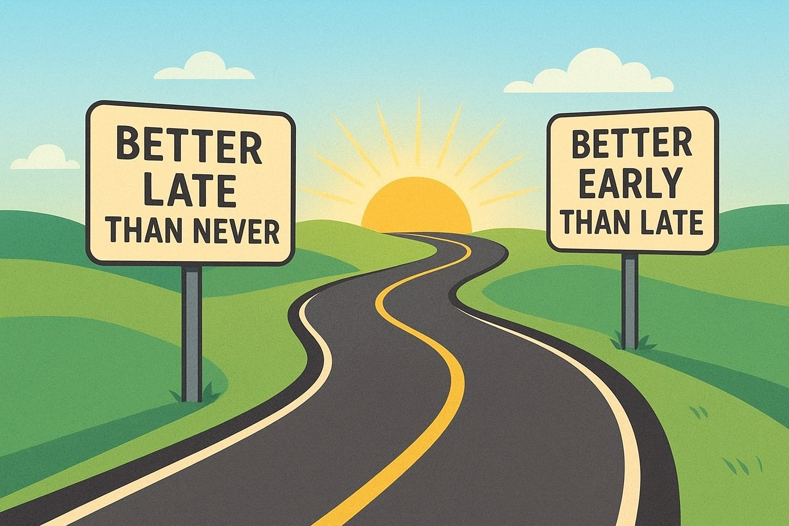 Illustration of a winding road with two signs: one says “Better Late Than Never,” the other “Better Early Than Late,” symbolizing financial planning choices.